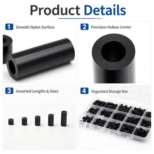 320 Pcs Electrical Outlet Screws Spacers, Black Nylon Round Spacer Assortment Kit, Plastic Spacers Without Threaded, Switch and Receptacle Spacer for Screws