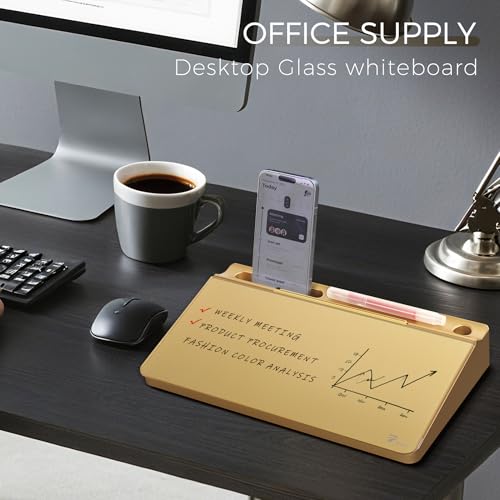 TOWON Compact Glass Desktop Whiteboard with Storage 12x7 in, Metallic Gold - color: Metallic Gold
