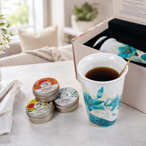 Harmoleaf Tea Gift Set for Women, 6 Loose Leaf Tea Blends with Blue Lily Insulated Ceramic Cup, Stainless Steel Infuser, Lid and Gold Spoon, Birthday, Mother's Day, Anniversary, Retirement Gift for Her - color: Blue Lily