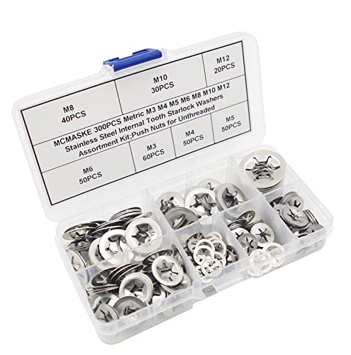 300PCS Metric M3 M4 M5 M6 M8 M10 M12 Stainless Steel Internal Tooth Starlock Washers Assortment Kit;External Push Rings; Push On Washers;Push Nuts for Unthreaded Shafts
