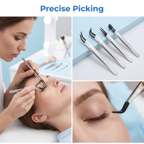 4PCS Tweezers with Rubber Tips, Black Stainless Steel Tweezers for Crafts