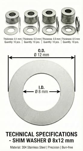 8x14mm Shim Washers Kit Stainless Steel 40pc 0.1-0.5mm 8mm ID M8 - size: 8x14