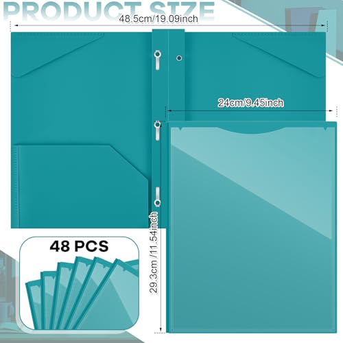 Henoyso 48 Pcs Plastic Folder with Clear Front Pocket and 3 Prongs Heavy Duty Plastic Folders with Card Slot Pocket Folders with Prongs for School Office Home(Teal Green) - color: Teal Green
