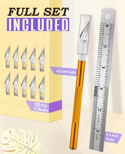 DIYSELF Exacto Craft Knife Set with 10 Extra #11 Blades, 6-Inch Metal Ruler - color: Gold-10pcs