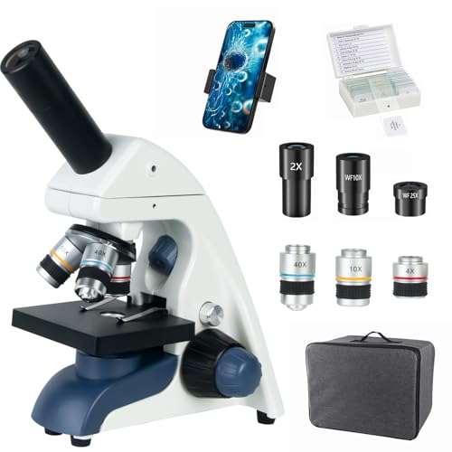 Professional Compound Monocular Microscopes for Adults, Kids 8-12 & Students | 40X-2000X Magnification Lab & Home Microscope with Phone Holder, Complete Slides Set