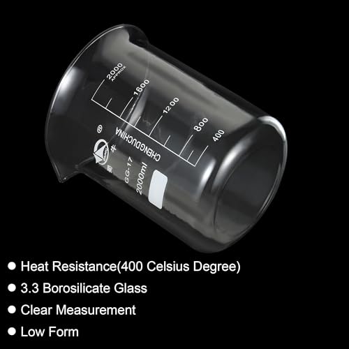 PATIKIL 2000ml Low Form Glass Beaker, 3.3 Borosilicate Glass Graduated Printed Scale Measuring Cups with Spout for Kitchen Lab Liquids Transit Boiling - size: 2000ml