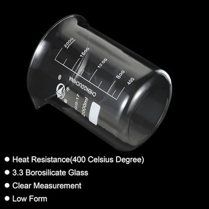 PATIKIL 2000ml Low Form Glass Beaker, 3.3 Borosilicate Glass Graduated Printed Scale Measuring Cups with Spout for Kitchen Lab Liquids Transit Boiling - size: 2000ml