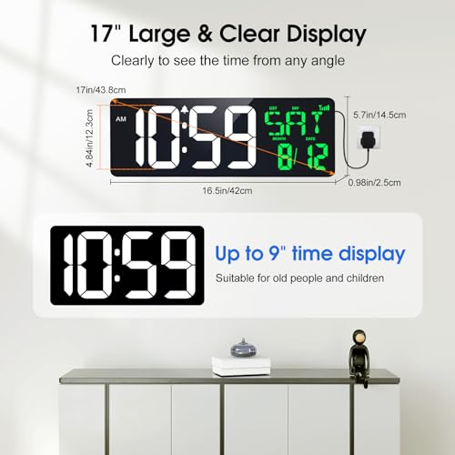 17" Large Digital Wall Clock, Bluetooth Sync, Auto Dimmer, Remote - color: White+green