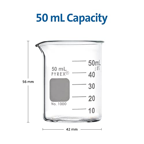 PYREX Griffin Borosilicate Glass Beaker- Low Form Graduated Measuring Beaker with Spout– Premium Scientific Glassware for Laboratories, Classrooms or Home Use - PYREX Chemistry Glassware, 50 mL, 12/Pk - size: 50 mL