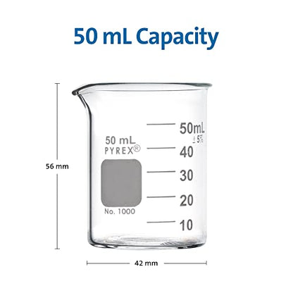 PYREX Griffin Borosilicate Glass Beaker- Low Form Graduated Measuring Beaker with Spout– Premium Scientific Glassware for Laboratories, Classrooms or Home Use - PYREX Chemistry Glassware, 50 mL, 12/Pk - size: 50 mL