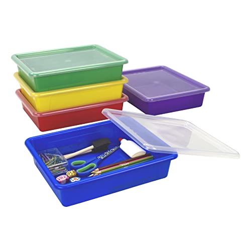 Storex Letter Size Flat Storage Tray – Organizer Bin with Non-Snap Lid for Classroom, Office and Home, Assorted Colors, 5-Pack (62534A05C) - color: Assorted Primary, size: 10 x 13 x 3 Inches, style: Flat, Tray With Lid