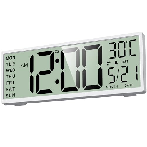XREXS 14.5" Digital Wall Clock Battery Operated with Big Digits LCD Screen Display, Large Display Timer with Temperature Date Week Auto DST, Alarm Clock for Classroom, Livingroom, Office - style: PH-09 White