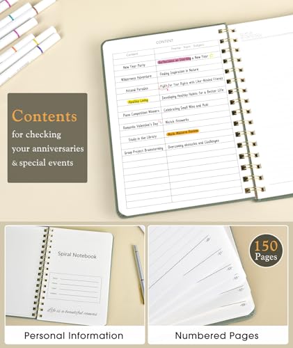 Lined Spiral Journal Notebook, A5 Hardcover Spiral Journals for Women Men, 150 Numbered Pages Spiral Bound Notebook, 100 GSM College Ruled Notebooks for Writing Note Taking 5.75" x 8.38", Sage Green - color: Sage Green