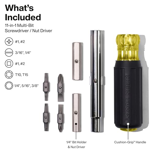 Klein Tools 32500 11-in-1 Screwdriver/Nut Driver Set, 8 Bits (Phillips, Slotted, Torx, Square), 3 Nut Driver Sizes, Cushion Grip Handle - size: 11-in-1