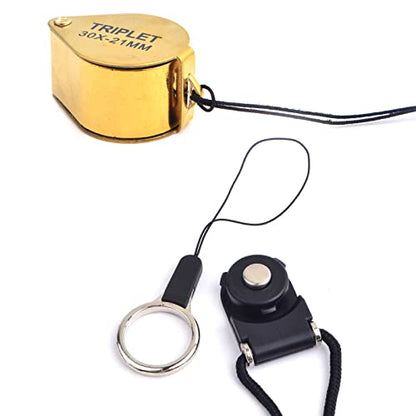 2 Pack 30X 21mm Small Pocket Triplet Jewelry Loupe Metal Folding Magnifying Glass Jewlers Loop with Attached Rope Straps Eye Glass Magnifier for Gems Coins Maps Stamps Currency Detect