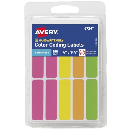 Avery® Color-Coding Removable Labels, 1/2" x 1-3/4", Assorted Neon Colors, Non-Printable, 180 Blank Labels Total (6724) - size: 180 Count (Pack of 1)