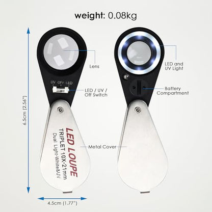 10x Foldable Pocket Magnifier Loupe with UV and LED Light for Jewelry, Rocks, Coins, and Antiques - Illuminated Magnifying Tool for Eye, Stamps, Watches, Hobbies, and Gems - color: 10x Magnification