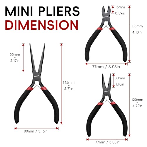 WISEUP 3 Pcs Mini Pliers Set - Needle/Chain Nose, Long Nose and Wire Cutter