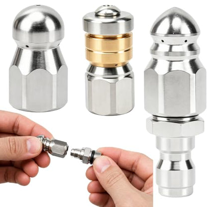 Sewer Jetter Nozzle Kit, 3 Pcs Stainless Steel Rotating Button Nose