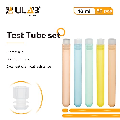 ULAB 50pcs Plastic Test Tubes with Caps, Dia16x125mm PartyTubes Shot Glasses, Multiple Colored Tubes with Transparent Lid, UTT1021 - style: Assorted Color