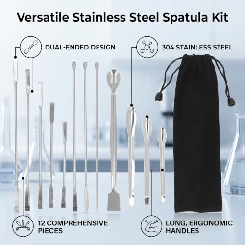 Generic 12Pcs Laboratory Spatula, Stainless Steel Micro Scoop with Dual Head Design for Experiment and Home Use, Includes Storage Bag