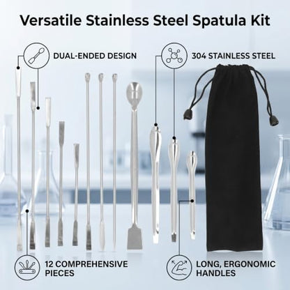 Generic 12Pcs Laboratory Spatula, Stainless Steel Micro Scoop with Dual Head Design for Experiment and Home Use, Includes Storage Bag