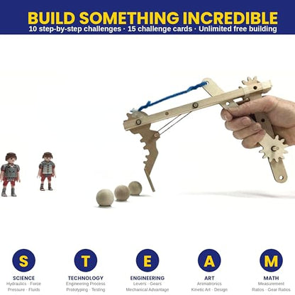 PATHFINDERS Engineering Maker Set — Real Wood STEM Building Kit | Hydraulics, Gears, Levers & Pulleys | 10 Challenges + 15 Challenge Cards | Ages 8+