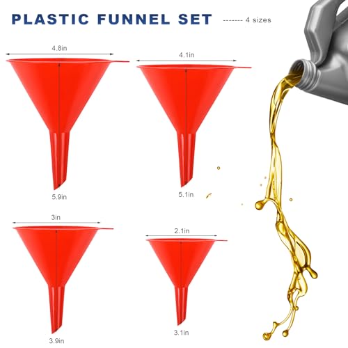 4 PCS Oil Funnels, 4 Sizes Wide Mouth Plastic Gas Funnel with Long Reaching Spout, Automotive Filling Funnels Liquid Transfer Set for Engine Oil Gasoline Coolant, Car Accessories