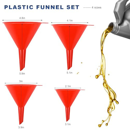 4 PCS Oil Funnels, 4 Sizes Wide Mouth Plastic Gas Funnel with Long Reaching Spout, Automotive Filling Funnels Liquid Transfer Set for Engine Oil Gasoline Coolant, Car Accessories