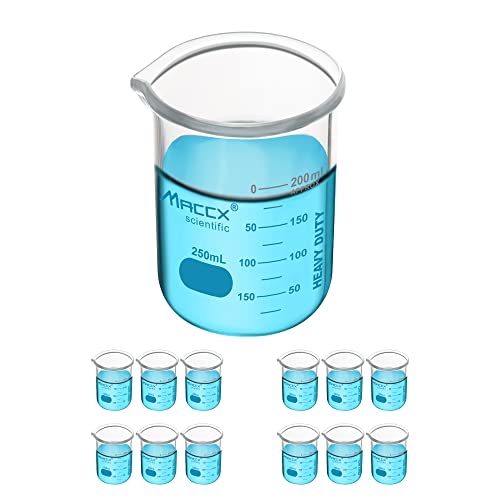 8.5oz (250ml) New Upgraded Glass Beakers, Heavy Duty Lab Beaker Set, 3.3 Borosilicate with Double Scale, Pack of 12, HDBK250-012 - style: Vol.250ml, Pack of 12