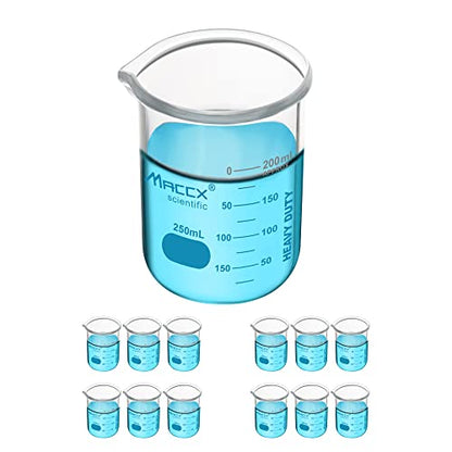 8.5oz (250ml) New Upgraded Glass Beakers, Heavy Duty Lab Beaker Set, 3.3 Borosilicate with Double Scale, Pack of 12, HDBK250-012 - style: Vol.250ml, Pack of 12