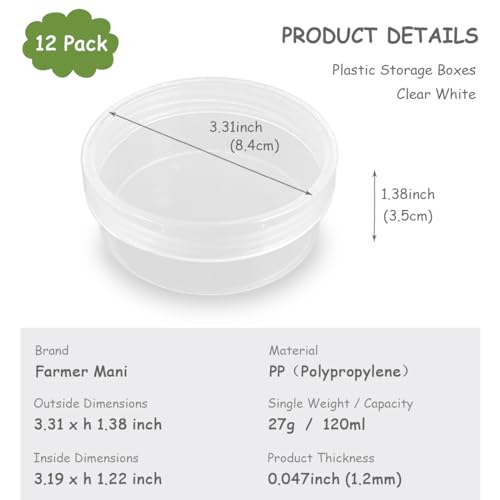12 Pcs 4.05 oz Round Plastic Containers 3.31 x 1.38 Inch (DxH), Bead Organizers with Lid for Beads Cards and Other Craft Accessories - size: 120 ml (3.31" x 1.38")