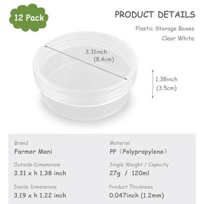 12 Pcs 4.05 oz Round Plastic Containers 3.31 x 1.38 Inch (DxH), Bead Organizers with Lid for Beads Cards and Other Craft Accessories - size: 120 ml (3.31" x 1.38")