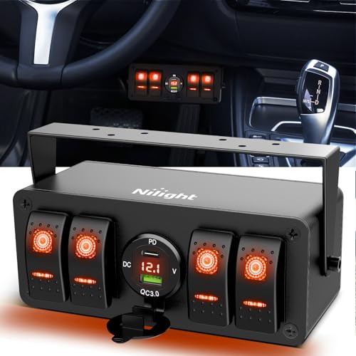 Nilight 4 Gang Rocker Switch Box 12V SPST ON Off Orange LED Waterproof - color: Amber+Box, size: 4+1 Gang Type C +USB