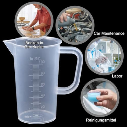 Plastic Measuring Cups, 2 Pcs Clear Graduated Cup Plastic Graduated Beaker Liquid Measuring Cup with Handle and Spout, Measuring Pitcher Mixing Cup for Scientific Experiments, Lab, Kitchen, Home