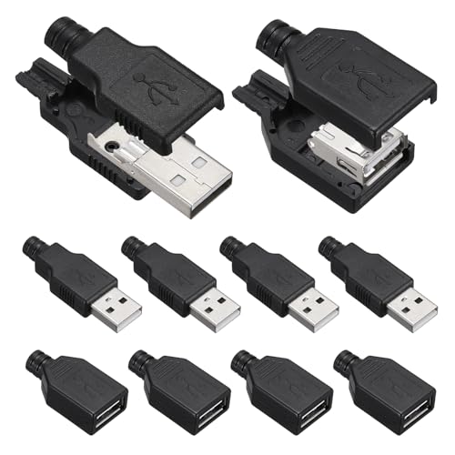 MECCANIXITY 10Pcs USB 2.0 Type A Male Female Plug Connector, 4 Pin Solder Terminal with 3mm Cable Hole for DIY Cable Repair Kit, Power Supply, Microcontroller Projects, Black, 33x16mm