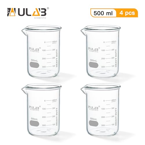 ULAB Scientific Glass Beaker Set, Vol. 500ml, 3.3 Borosilicate Griffin Low Form with Printed Graduation, Pack of 4, UBG1016 - style: Vol.500ml,Pack of 4
