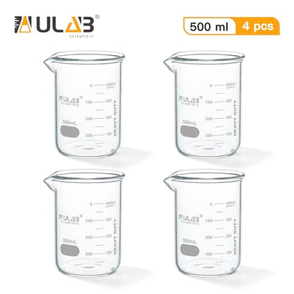 ULAB Scientific Glass Beaker Set, Vol. 500ml, 3.3 Borosilicate Griffin Low Form with Printed Graduation, Pack of 4, UBG1016 - style: Vol.500ml,Pack of 4