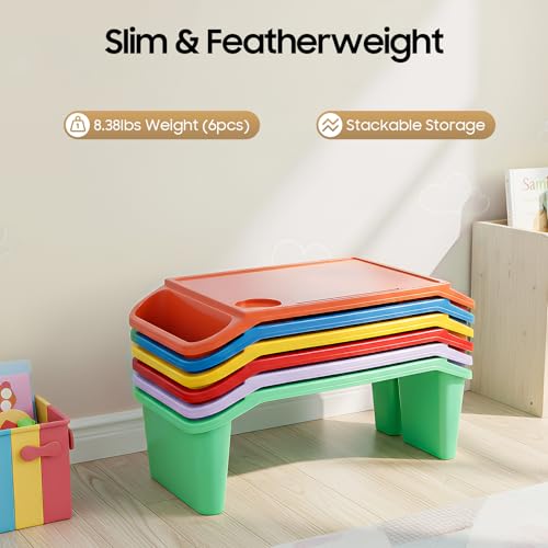 Portable Lap Bed Table, 6 Pcs Lap Desk Tray, with Side Pockets, Stackable Activity Table, Stackable Bed Table, Breakfast Laptop Trays for Drawing Writing Eating Game Classroom (Six Colors