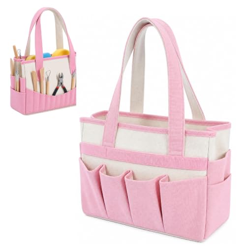 SilTriangle 14oz Pottery Tool Bag with Multiple Pockets Pink Canvas Art Supply Organizer Tote Bag for Storing Clay Sculpting Ceramic Tools Washable Canvas Craft Tote for Yarn and Crochet Supplies