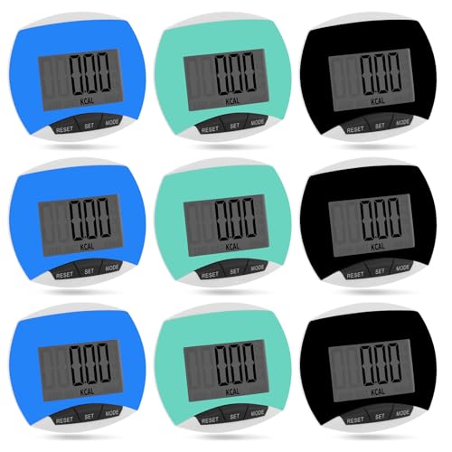 Copkim 9 Pcs Simple Pedometers Bulk for Walking Steps and Miles Walking Step Counters with Calories Burned Portable Clip Step Tracker for Seniors Man Women Jogging Hiking Running - color: Black, Green, Blue