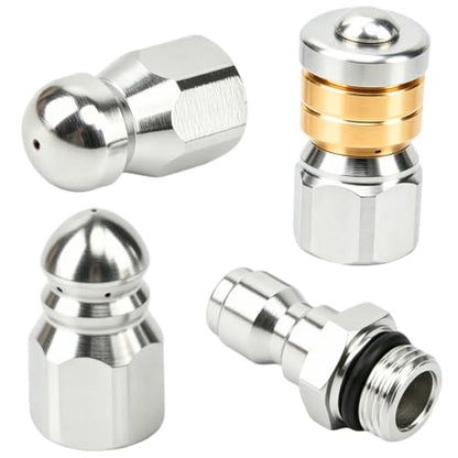 Sewer Jetter Nozzle Kit, 3 Pcs Stainless Steel Rotating Button Nose