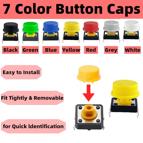 120PCS 12x12x7.3 mm Tact Tactile Push Button Switch Kit, 4 Pin Yellow Momentary SMD PCB Switches Set with 7 Color Arduino Buttons Caps for DIY Electronics Projects, PCB Prototyping - style: Yellow - 120PCS