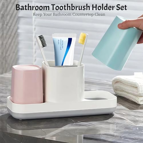 Toothbrush Holder for Bathroom, Kids Toothbrush Holder with Cups, Electric Toothbrush Holder for Bathroom Decor, Kids Bathroom Accessories Set with Toothpaste Holder, Pink & Blue - color: Pink & Blue