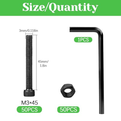 100Pcs M3 x 45mm Hex Socket Head Cap Screws Bolts, Carbon Steel, Black Oxide Finish, Allen Socket Drive, Full Threads,with Hex Spanner - size: M3 x 45-100Pcs