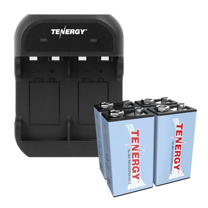 Tenergy 9V Battery Rechargeable 250mAh 4 Pack NiMH Square Battery with 2 Bay 9V Battery Charger for Smoke Alarm/Detector - size: Charger + 4 Pack 9Vs
