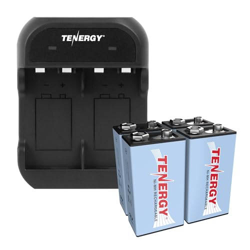 Tenergy 9V Battery Rechargeable 250mAh 4 Pack NiMH Square Battery with 2 Bay 9V Battery Charger for Smoke Alarm/Detector - size: Charger + 4 Pack 9Vs