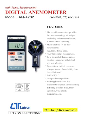 HVAC Anemometer/Peak Flow Meter/Air Flow Velocity Meter/Handheld Wind Speed Meter – Measures Wind Speed, Temperature & Wind Chill – Portable Airflow Gauge; Model: AM-4202