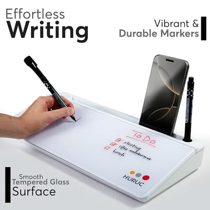 HURUC Desk Buddy Glass Desktop Whiteboard – Desk Board Buddy Hidden Storage - color: White