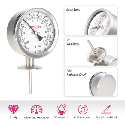 Sanitary Bimetal Thermometer, 0-220 Deg F/-10-100 Deg C